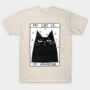 Happy valentines black cat. Cute cat and red hearts. T-Shirt